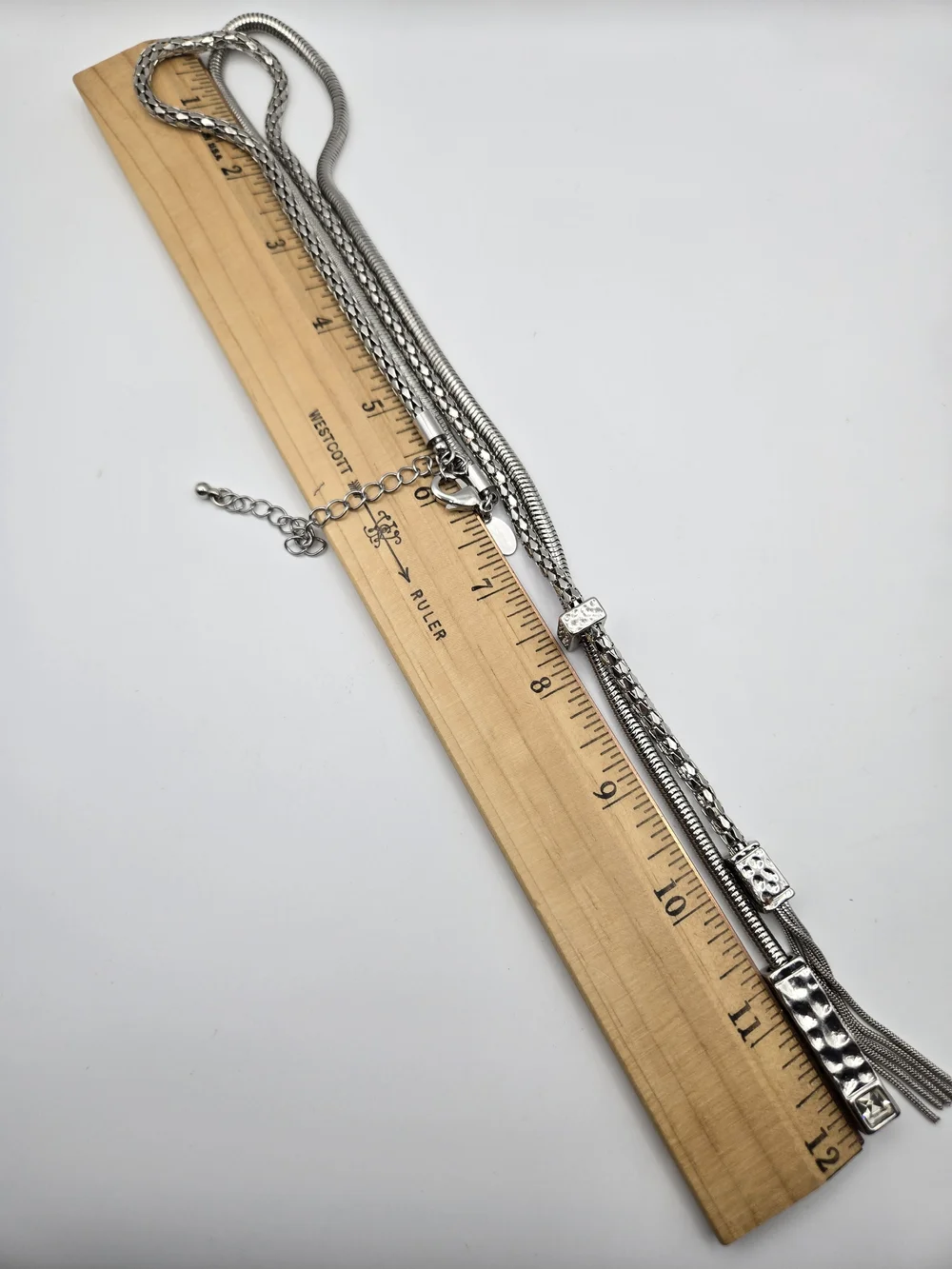 Chico's Silvertone Lariat Necklace Tassel Hammered Bar Rhinestone Accent Classic